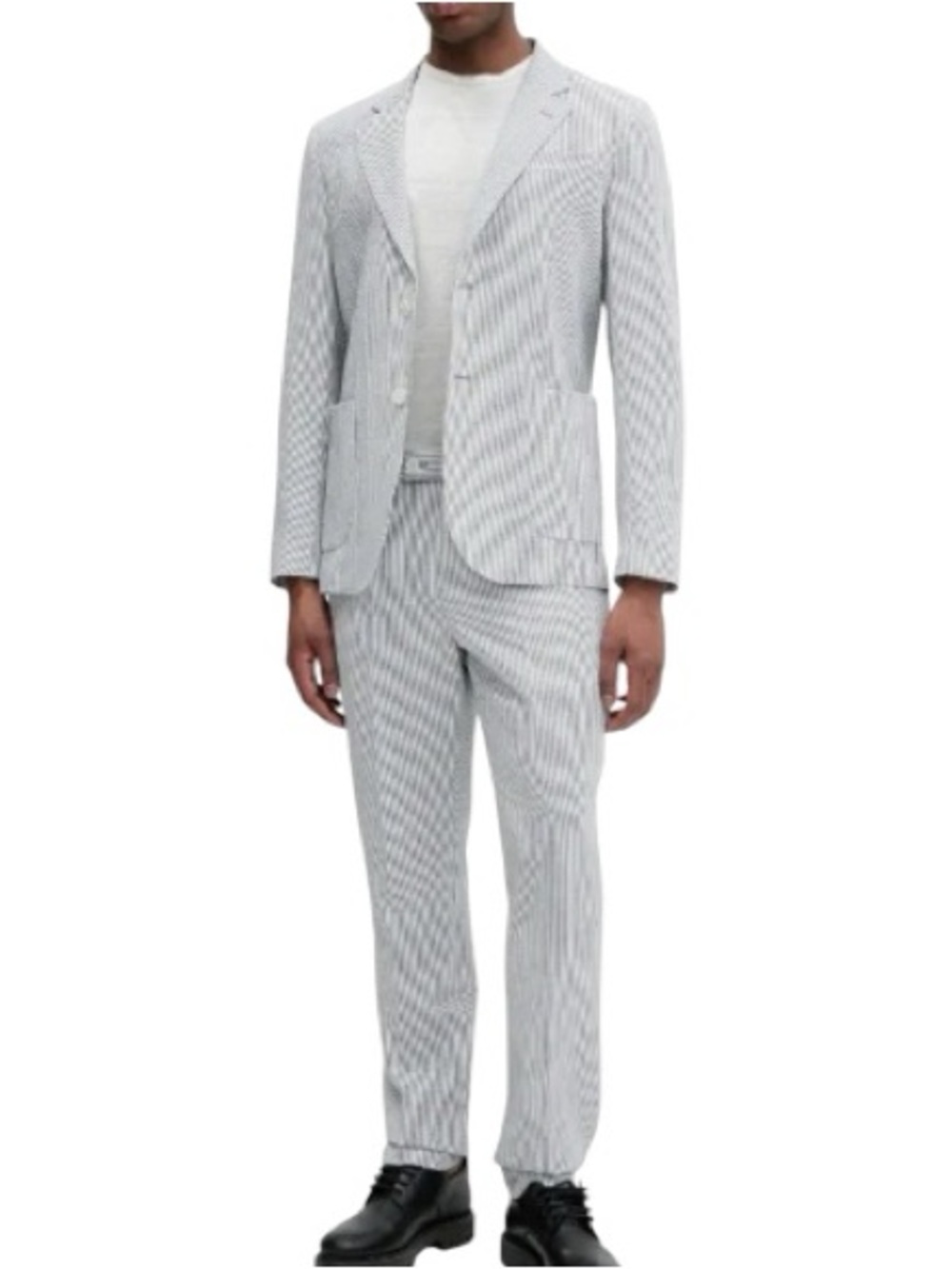 Jos A Bank Stays Cool Tailored Fit Suit Mens 44 / 39 Seersucker Striped Beach
